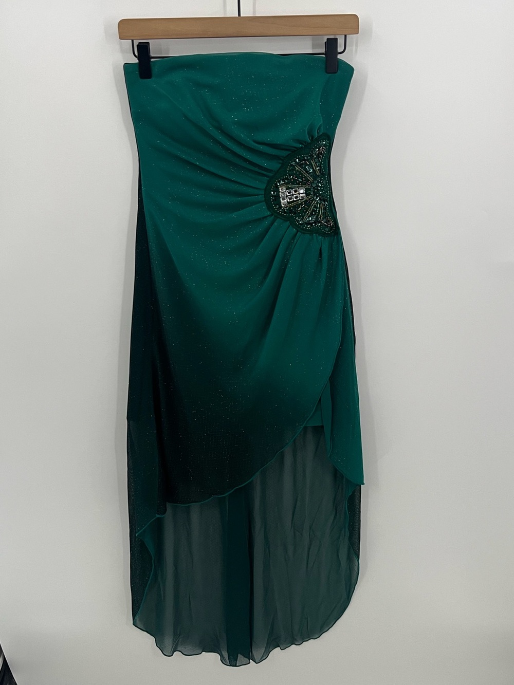 Teeze Me Emerald Green Strapless High-Low Beaded Dress